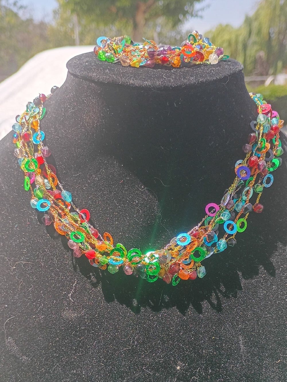 Multicolor Beaded Statement Necklace and Bracelet Set - Vibrant Rainbow